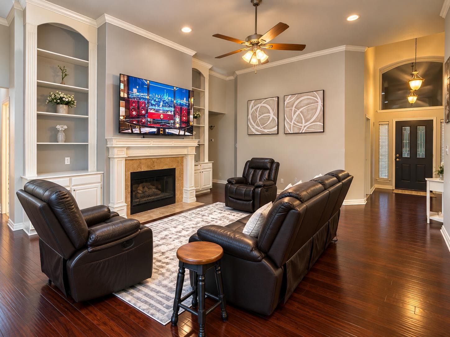 Living room with fireplace and comfortable seating at Oakridge Manor Living